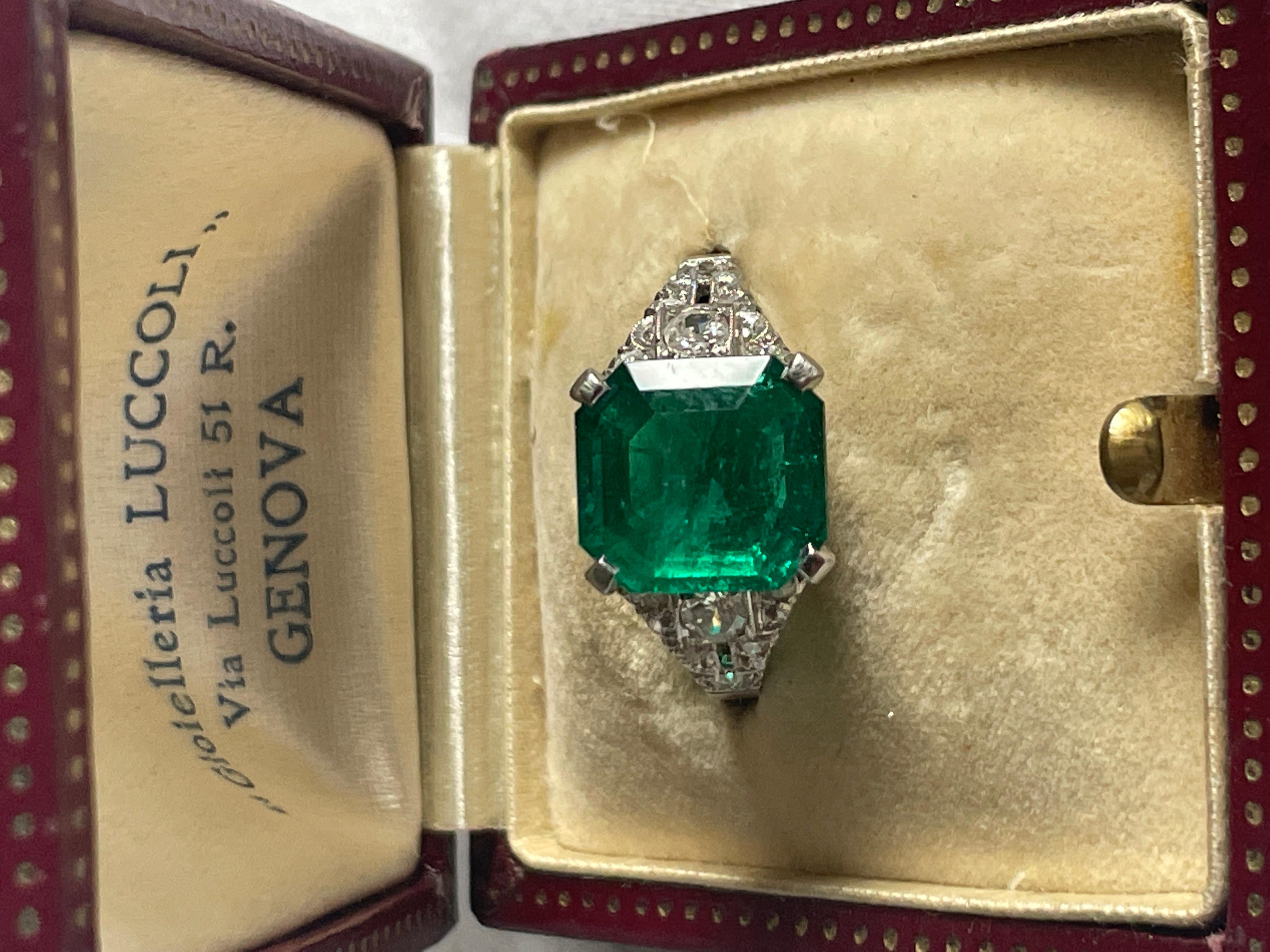 Art Deco 4,03 Karat kolumbianischer Smaragd-Ring, kleiner Öltyp, AGL-Zertifikat (Smaragdschliff) im Angebot