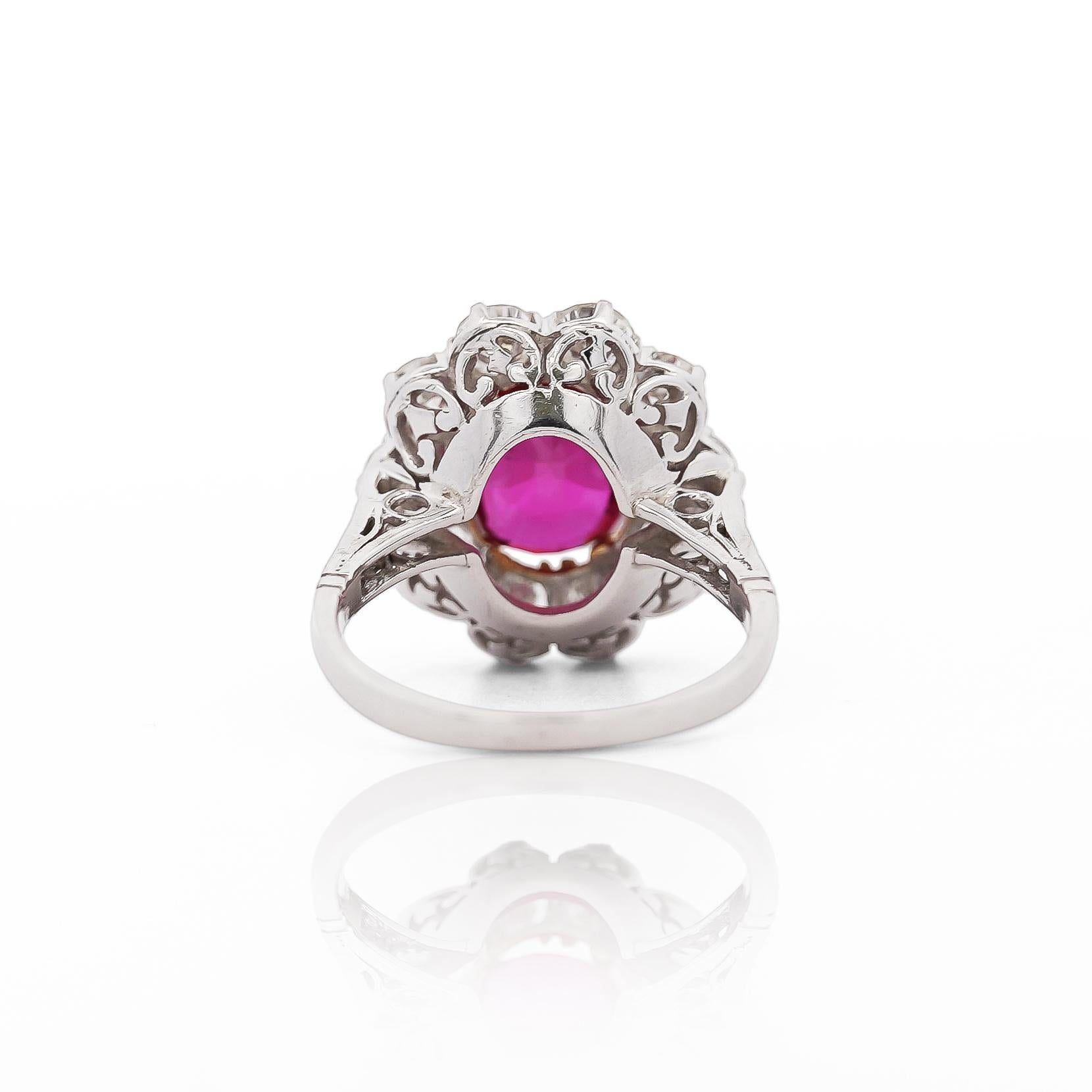 Bague Art déco en platine avec halo de rubis et de diamants Old Euro de 4,05 carats - Certifiée AGL en vente 5