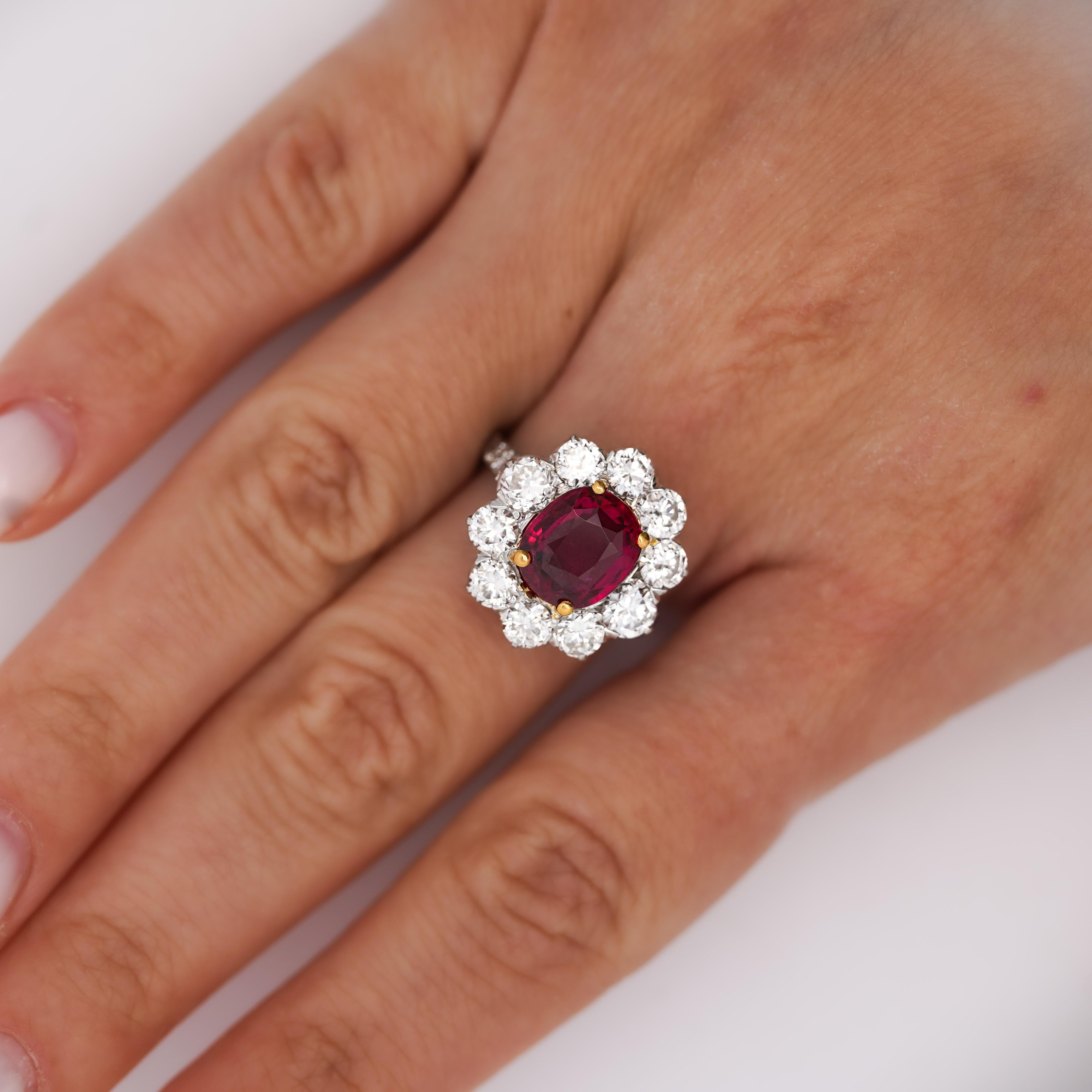 Bague Art déco en platine avec halo de rubis et de diamants Old Euro de 4,05 carats - Certifiée AGL en vente 1
