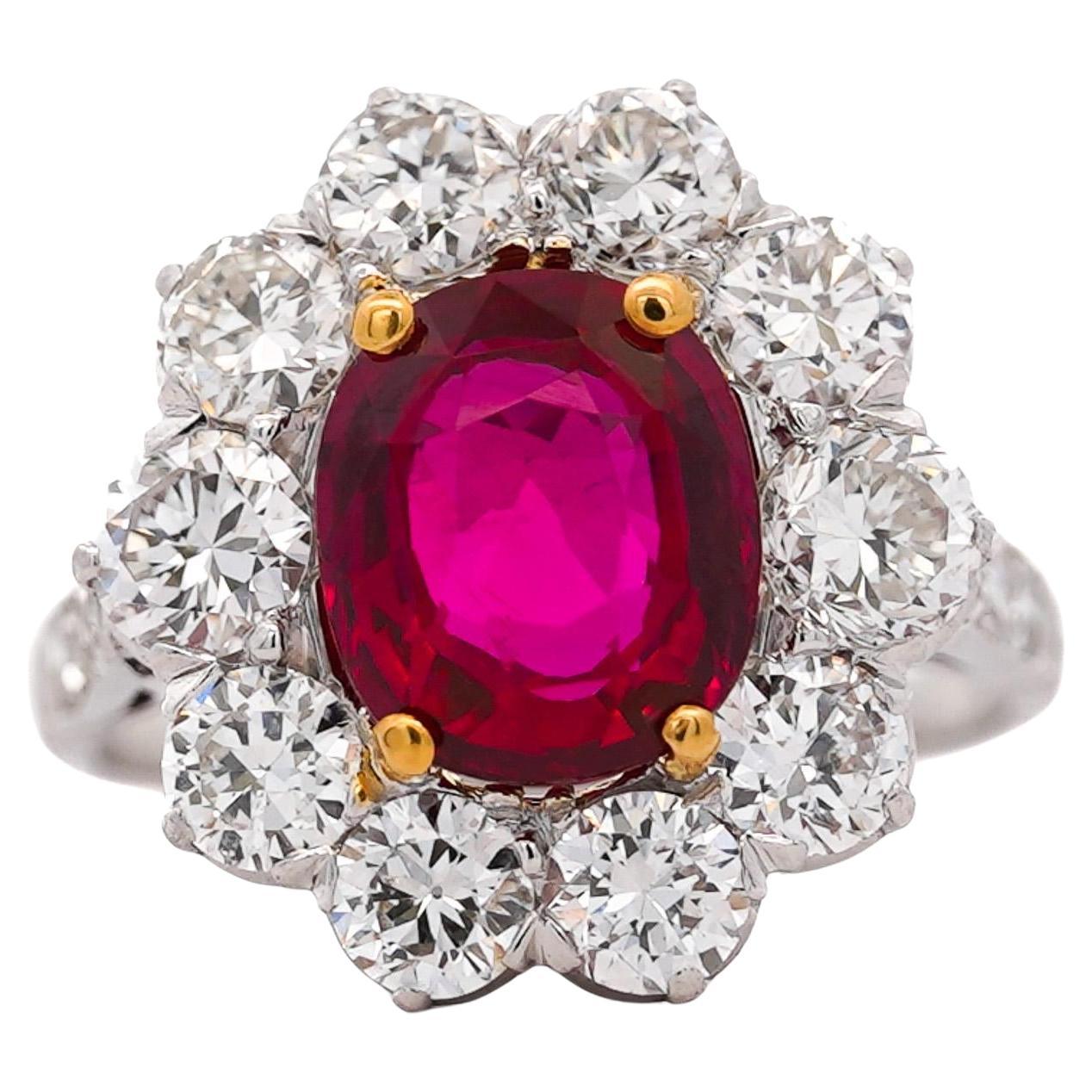 Art Deco 4,05 Karat Rubin und alter Euro Diamant Halo Platin Ring - AGL zertifiziert