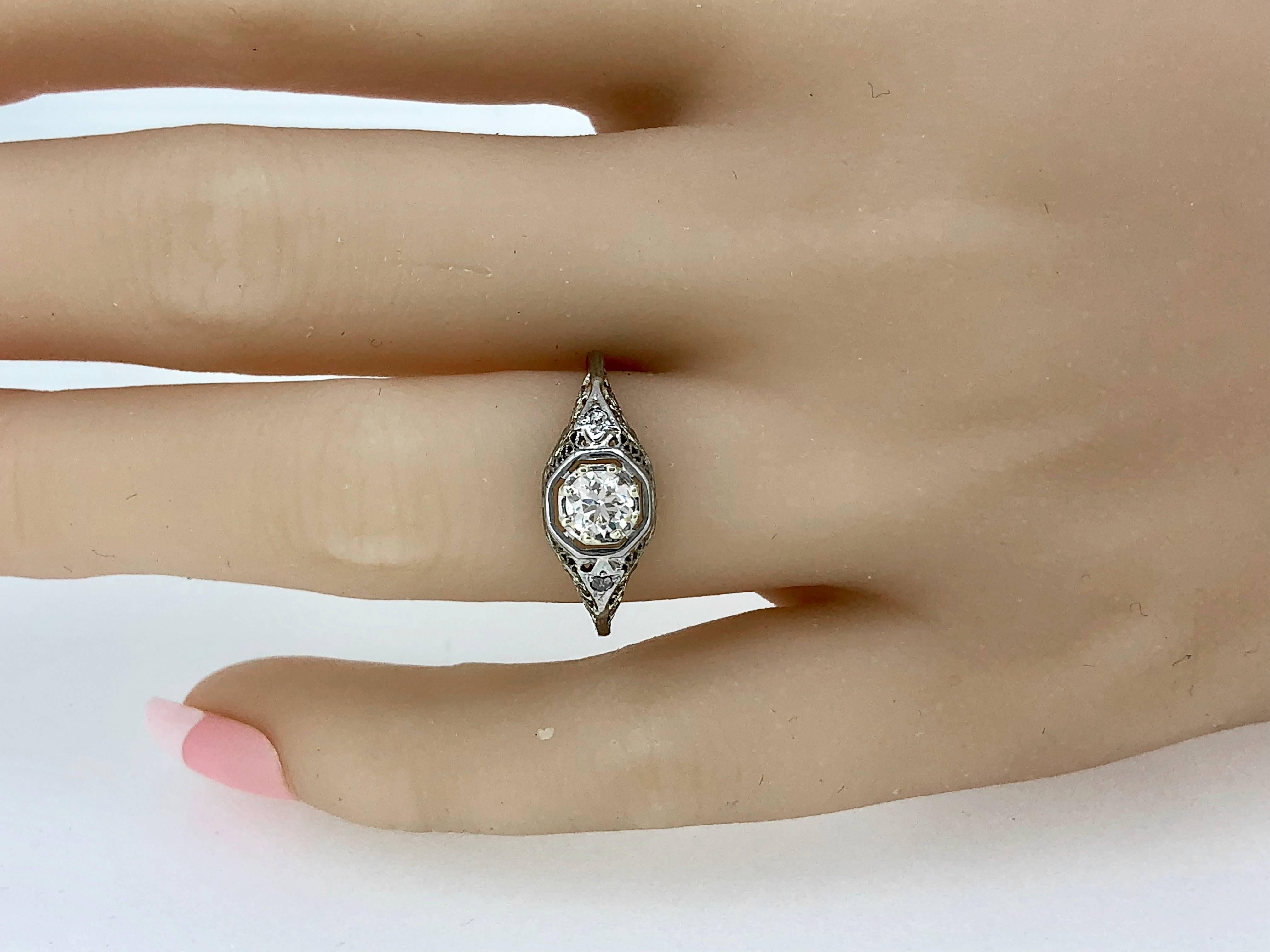 Old European Cut Art Deco .41 Carat Diamond Antique Engagement Ring 18 Karat White Gold