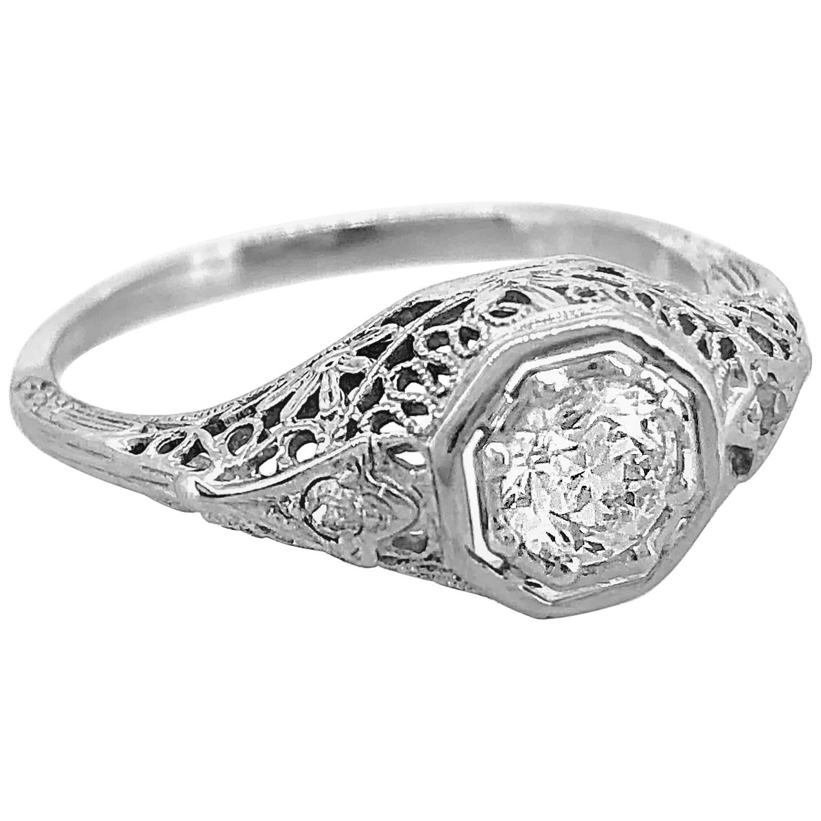 Art Deco .41 Carat Diamond Antique Engagement Ring 18 Karat White Gold