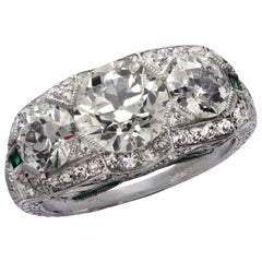 Art Deco 4.1 Carat Old European Cut Diamond and Emerald Engagement Ring