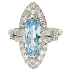 Art Deco 4.10 CTW Aquamarine Diamond Platinum Navette Cluster Dinner Ring