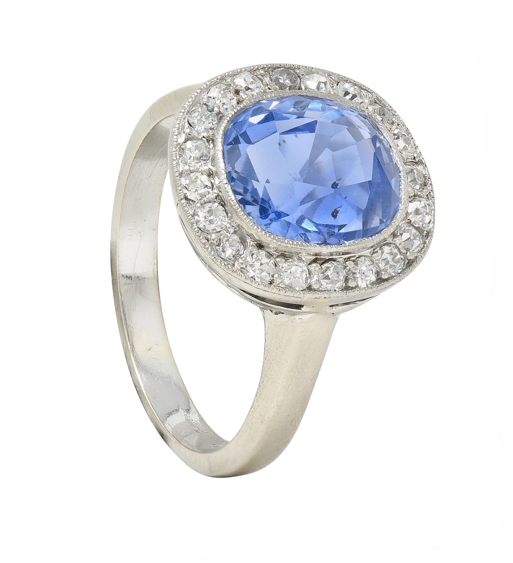 Art Decó 4.11 CTW Sin Calor Zafiro de Ceilán Diamante Oro 14 Kilates Anillo Halo GIA en venta 6