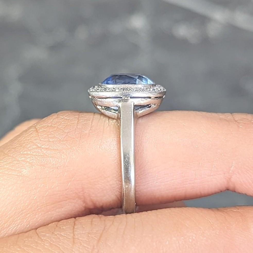 Art Deco 4.11 CTW No Heat Ceylon Sapphire Diamond 14 Karat Gold Halo Ring GIA For Sale 9