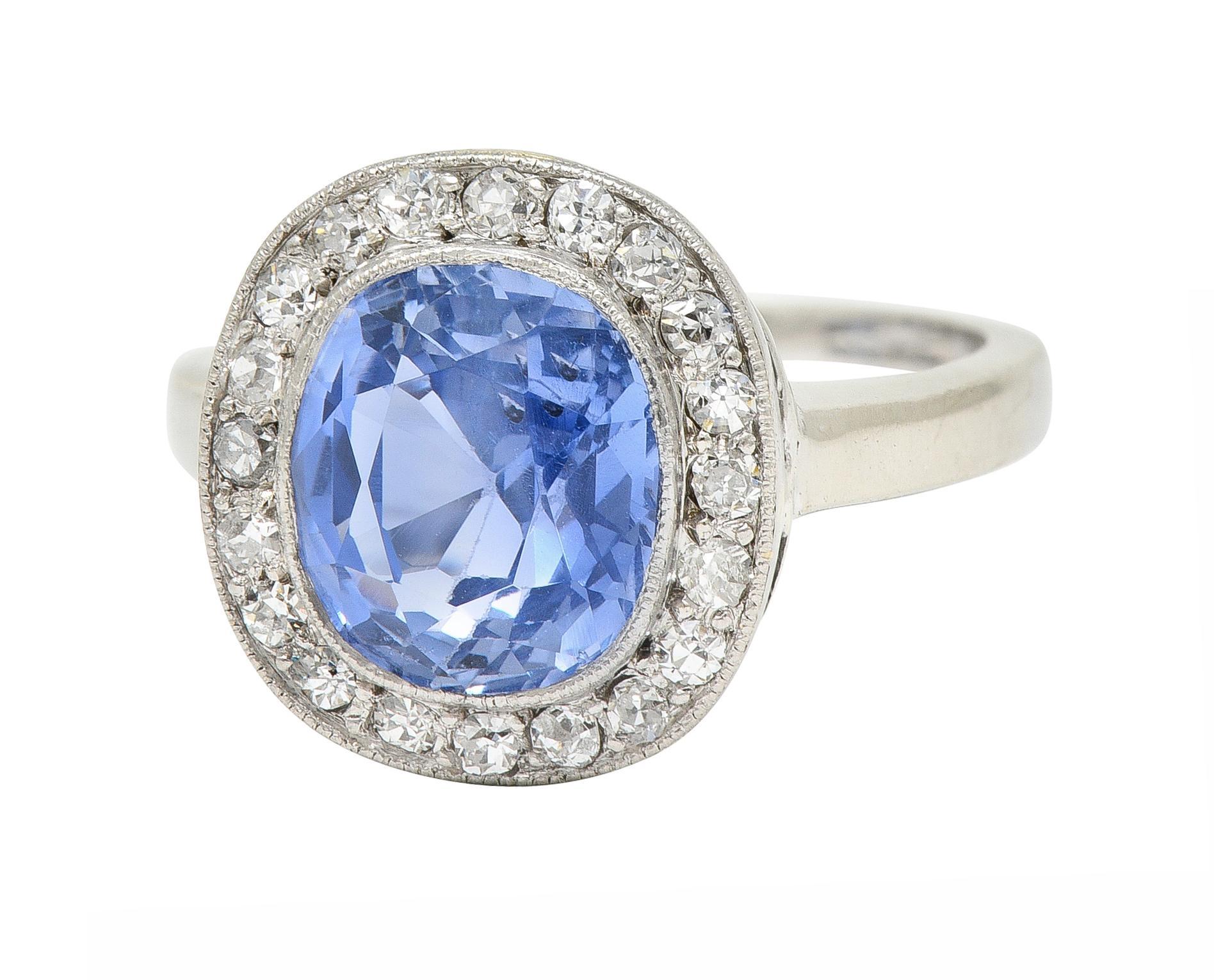 Art Deco 4.11 CTW No Heat Ceylon Sapphire Diamond 14 Karat Gold Halo Ring GIA For Sale 1