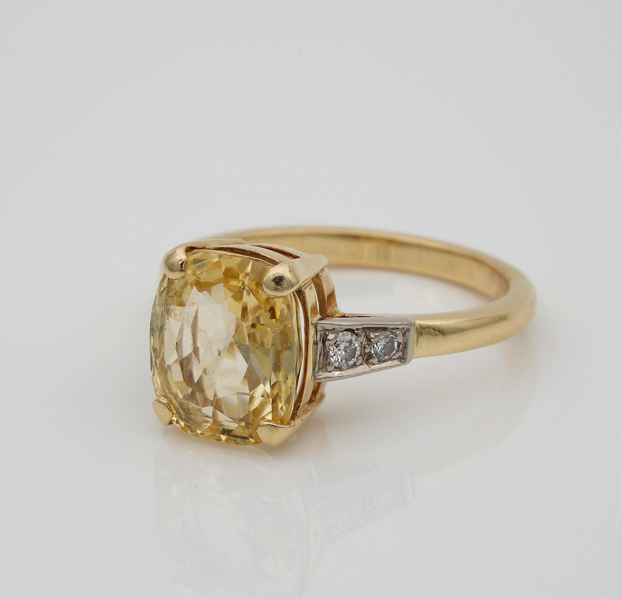 Women's Art Deco 4.15 Carat Natural No Heat Yellow Sapphire Diamond Solitaire Ring For Sale