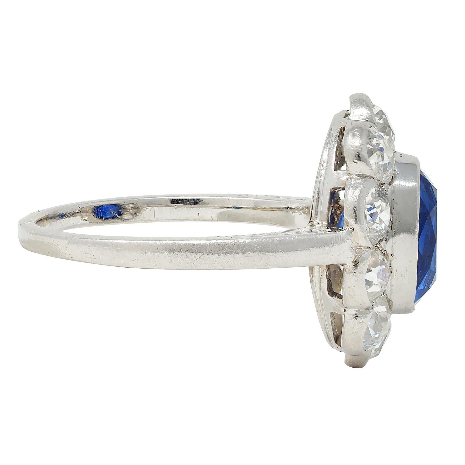 Oval Cut Art Deco 4.16 CTW No Heat Ceylon Sapphire Diamond Platinum Vintage Halo Ring GIA For Sale