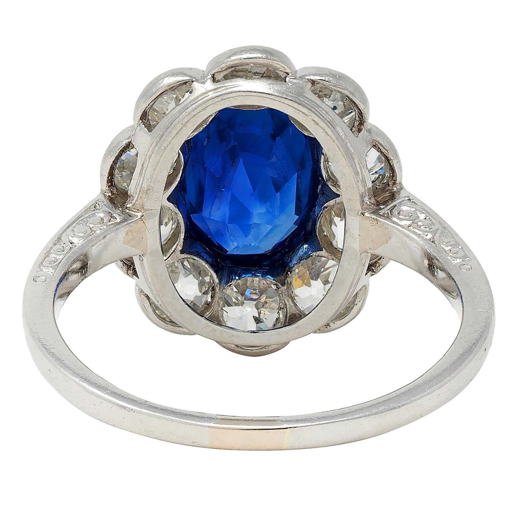 Art Deco 4.16 CTW No Heat Ceylon Sapphire Diamond Platinum Vintage Halo Ring GIA In Excellent Condition For Sale In Philadelphia, PA