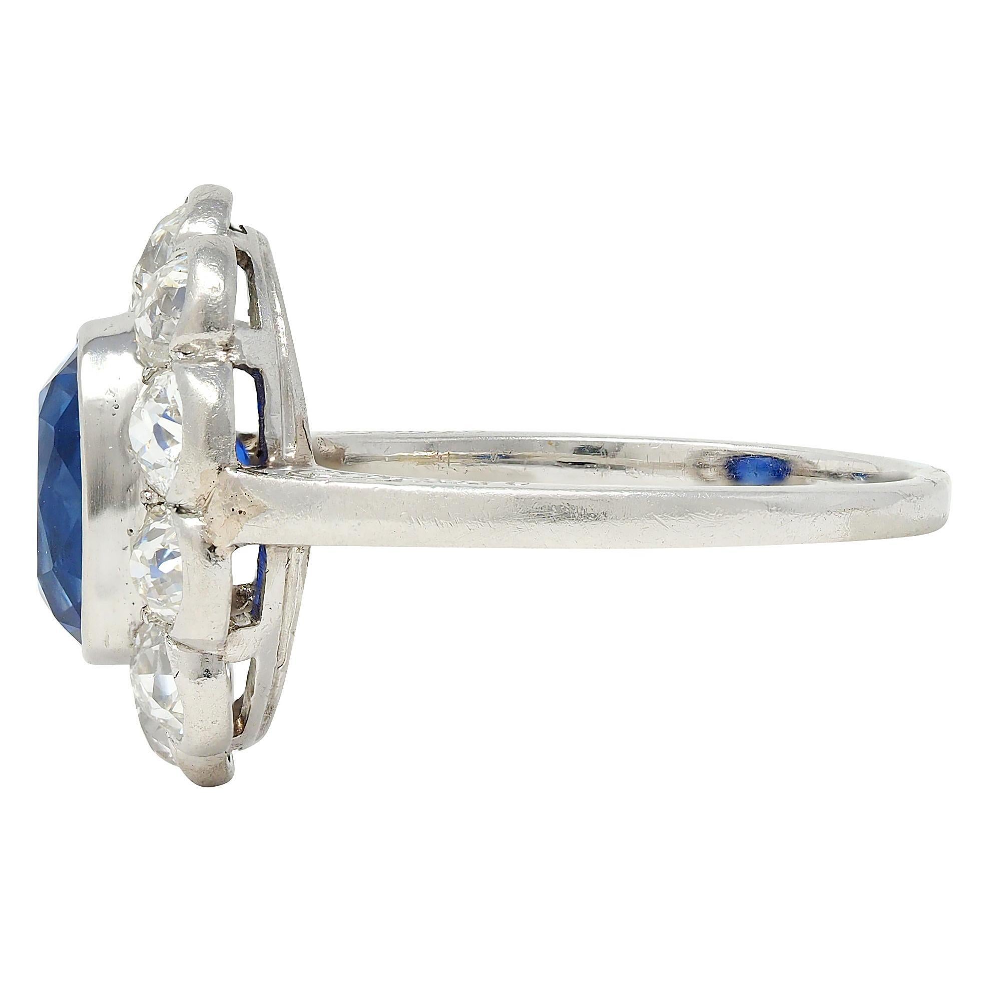 Women's Art Deco 4.16 CTW No Heat Ceylon Sapphire Diamond Platinum Vintage Halo Ring GIA For Sale