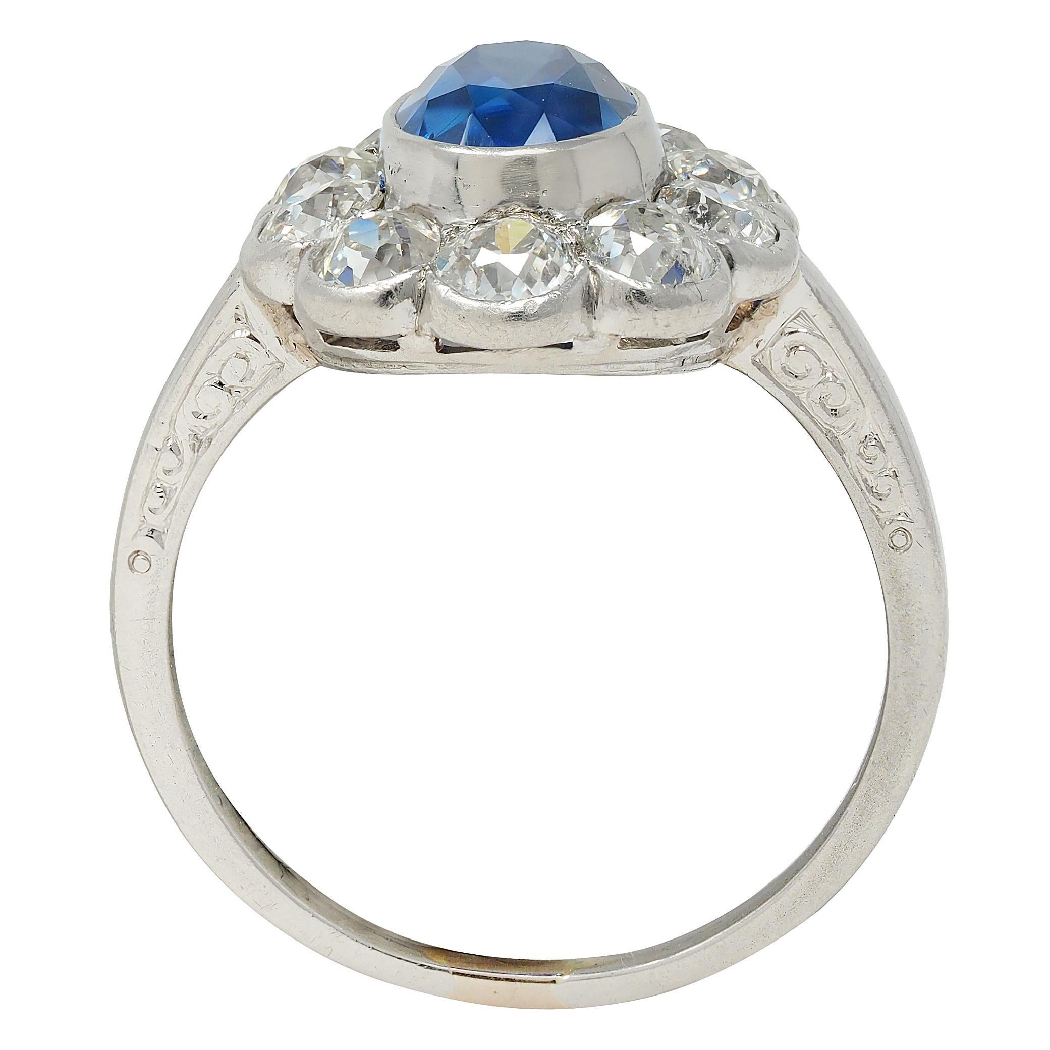 Art Deco 4.16 CTW No Heat Ceylon Sapphire Diamond Platinum Vintage Halo Ring GIA For Sale 1