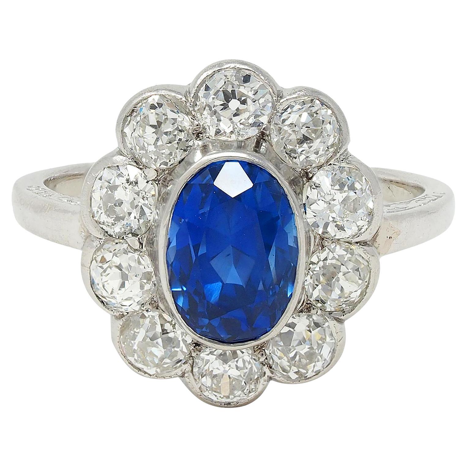 Art Deco 4.16 CTW No Heat Ceylon Sapphire Diamond Platinum Vintage Halo Ring GIA
