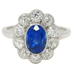 Art Deco 4.16 CTW No Heat Ceylon Sapphire Diamond Platinum Vintage Halo Ring GIA