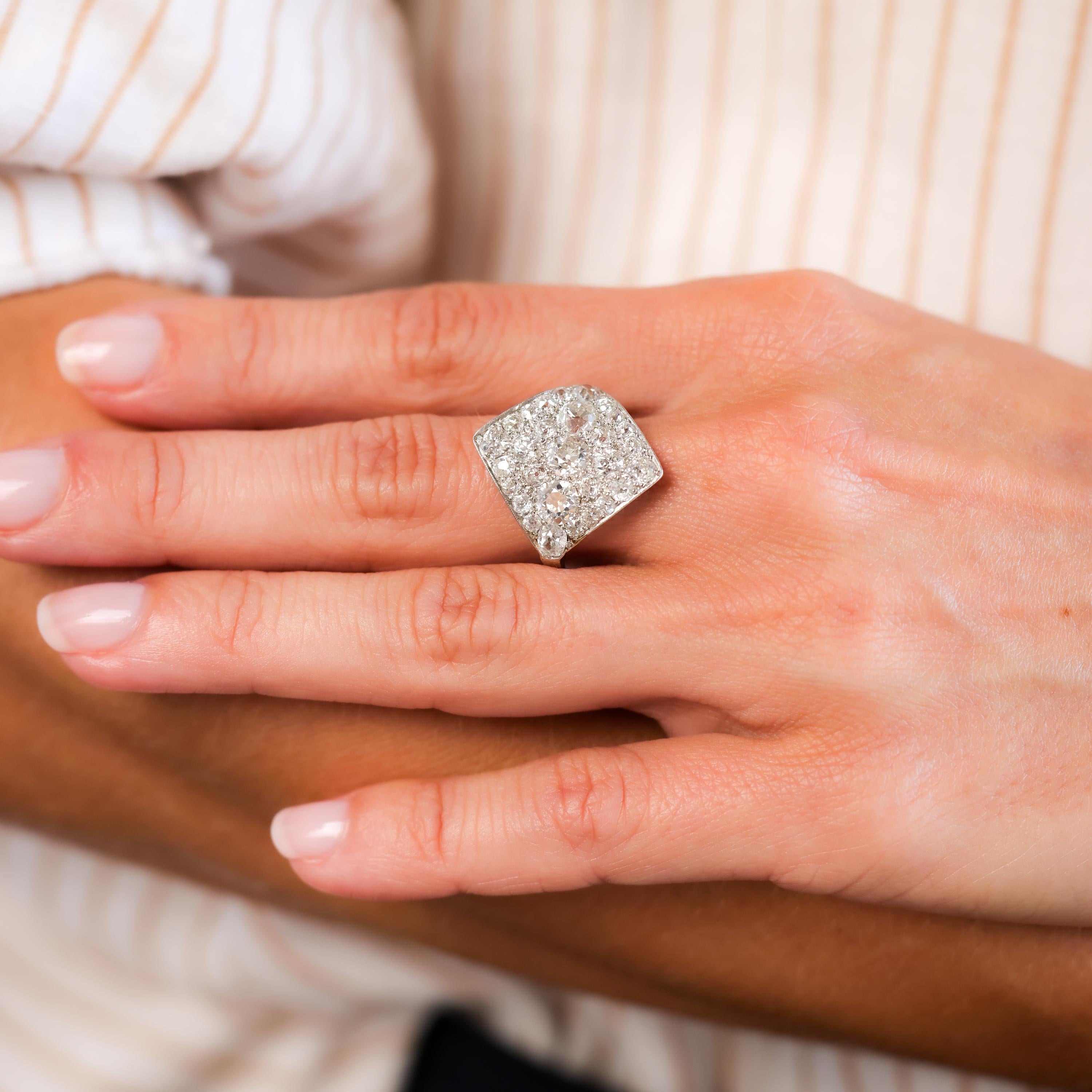 Art Deco 4,2 Karat Gesamtgewicht Diamant Platin Schildkrötenform Ring (Alteuropäischer Brillantschliff)