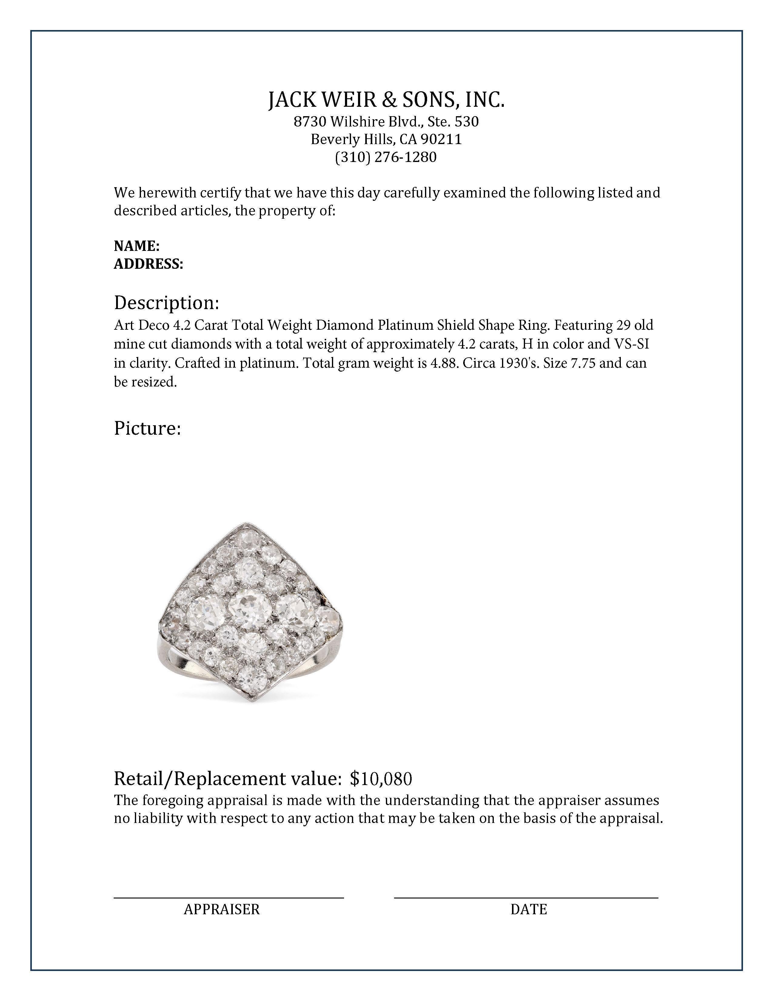 Art Deco 4,2 Karat Gesamtgewicht Diamant Platin Schildkrötenform Ring im Zustand „Hervorragend“ in Beverly Hills, CA