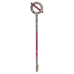 Art Deco 4.20 carat ruby and diamond 14k yellow gold silver stick pin brooch