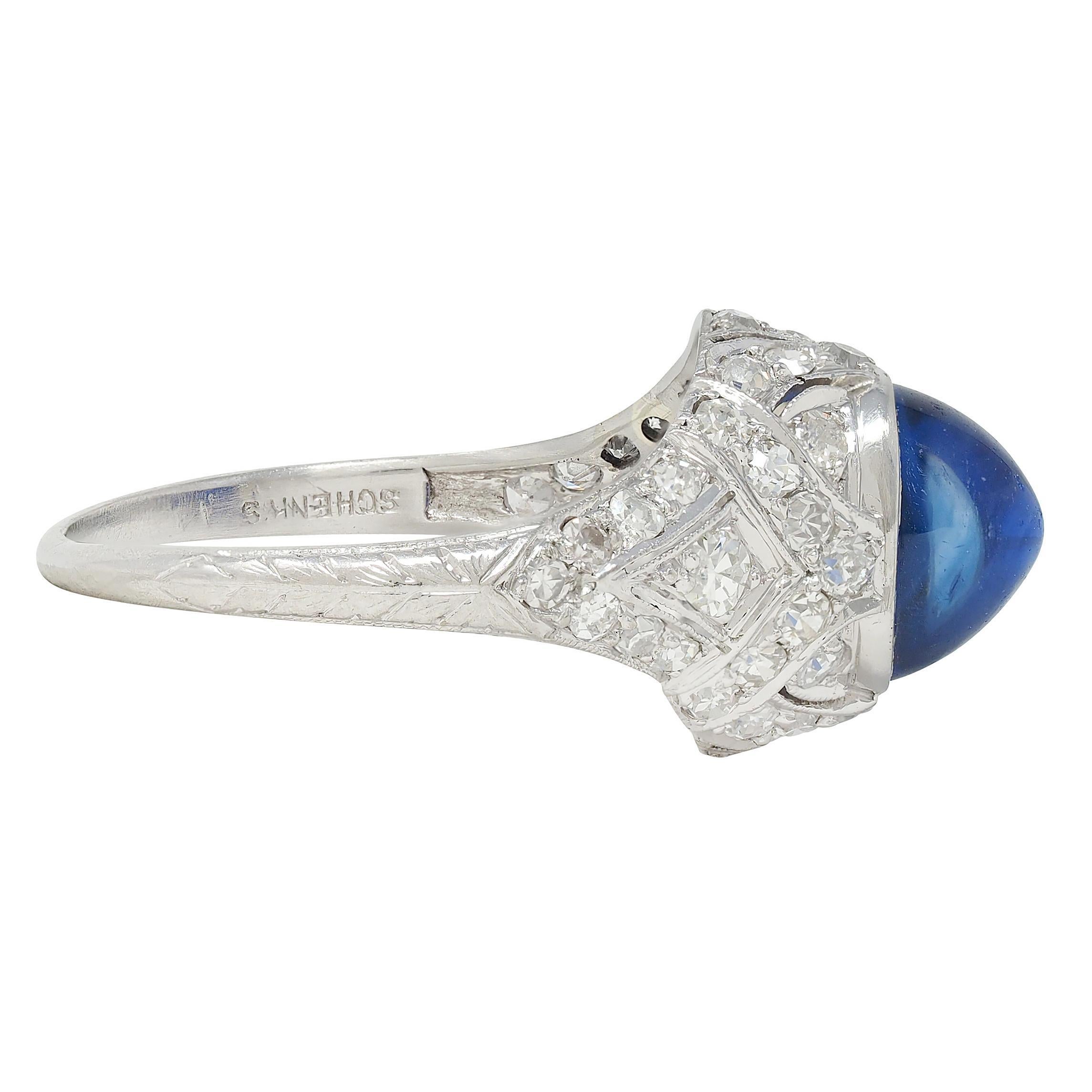 Art Deco 4.20 CTW Bullet Cabochon Sapphire Diamond Platinum Vintage Bombé Ring In Excellent Condition For Sale In Philadelphia, PA