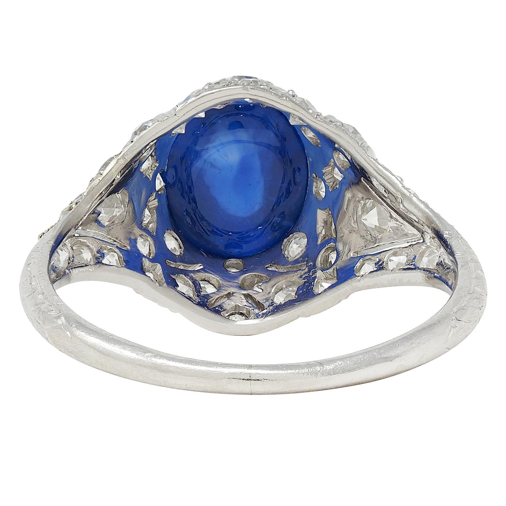 Women's or Men's Art Deco 4.20 CTW Bullet Cabochon Sapphire Diamond Platinum Vintage Bombé Ring For Sale