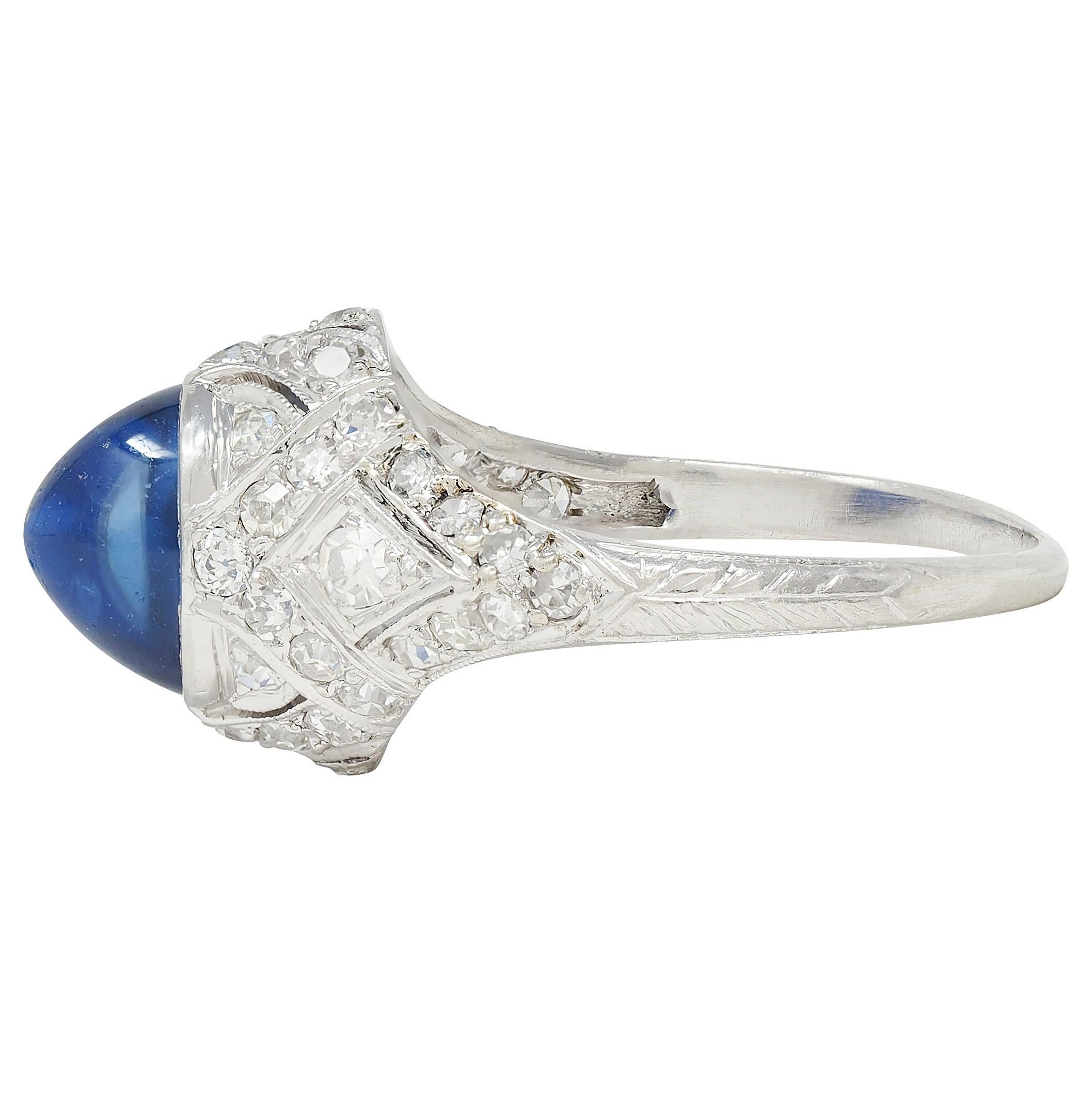 Art Deco 4.20 CTW Bullet Cabochon Sapphire Diamond Platinum Vintage Bombé Ring For Sale 1