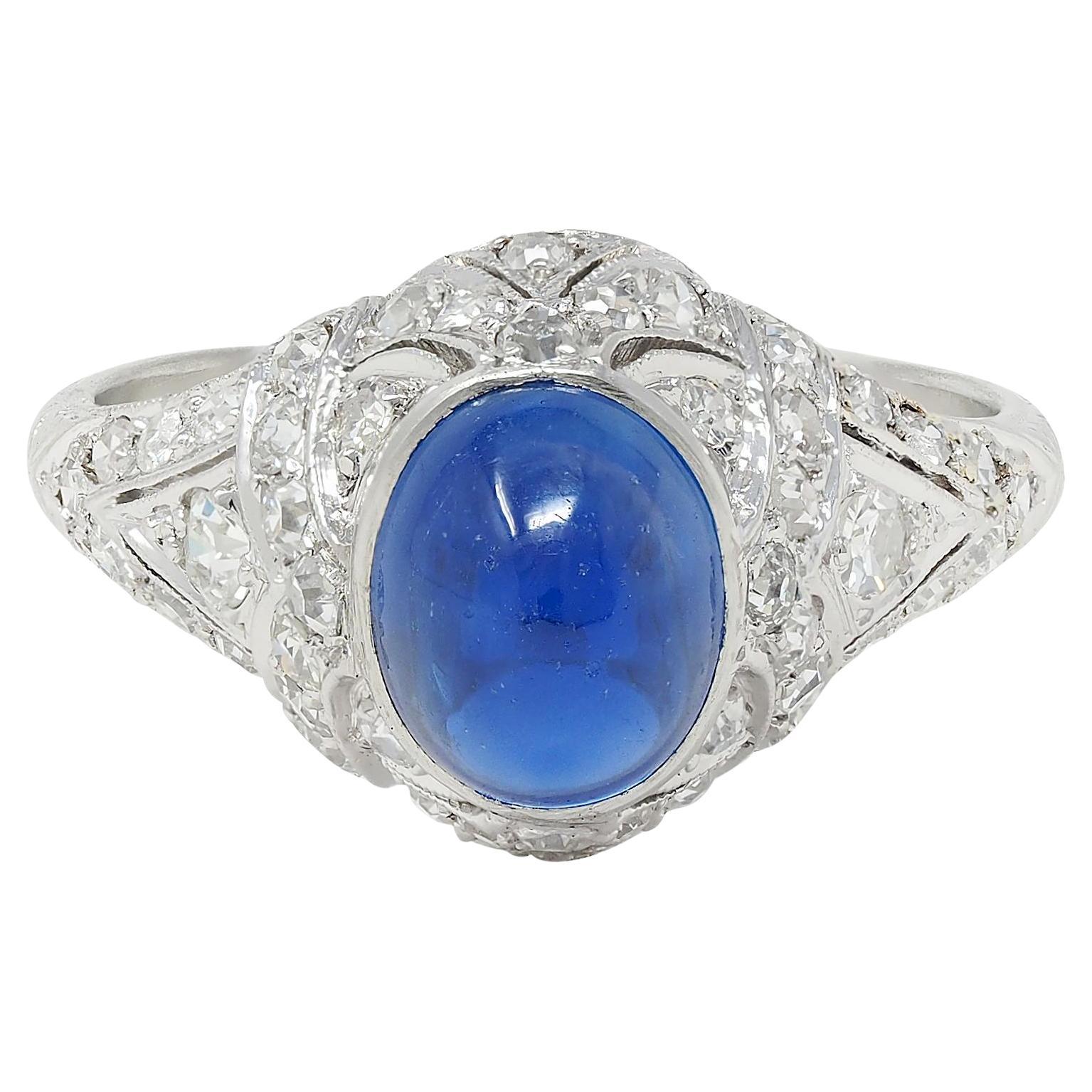 Art Deco 4.20 CTW Bullet Cabochon Sapphire Diamond Platinum Vintage Bombé Ring For Sale