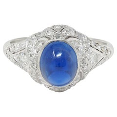 Art Deco 4.20 CTW Bullet Cabochon Sapphire Diamond Platinum Vintage Bombé Ring