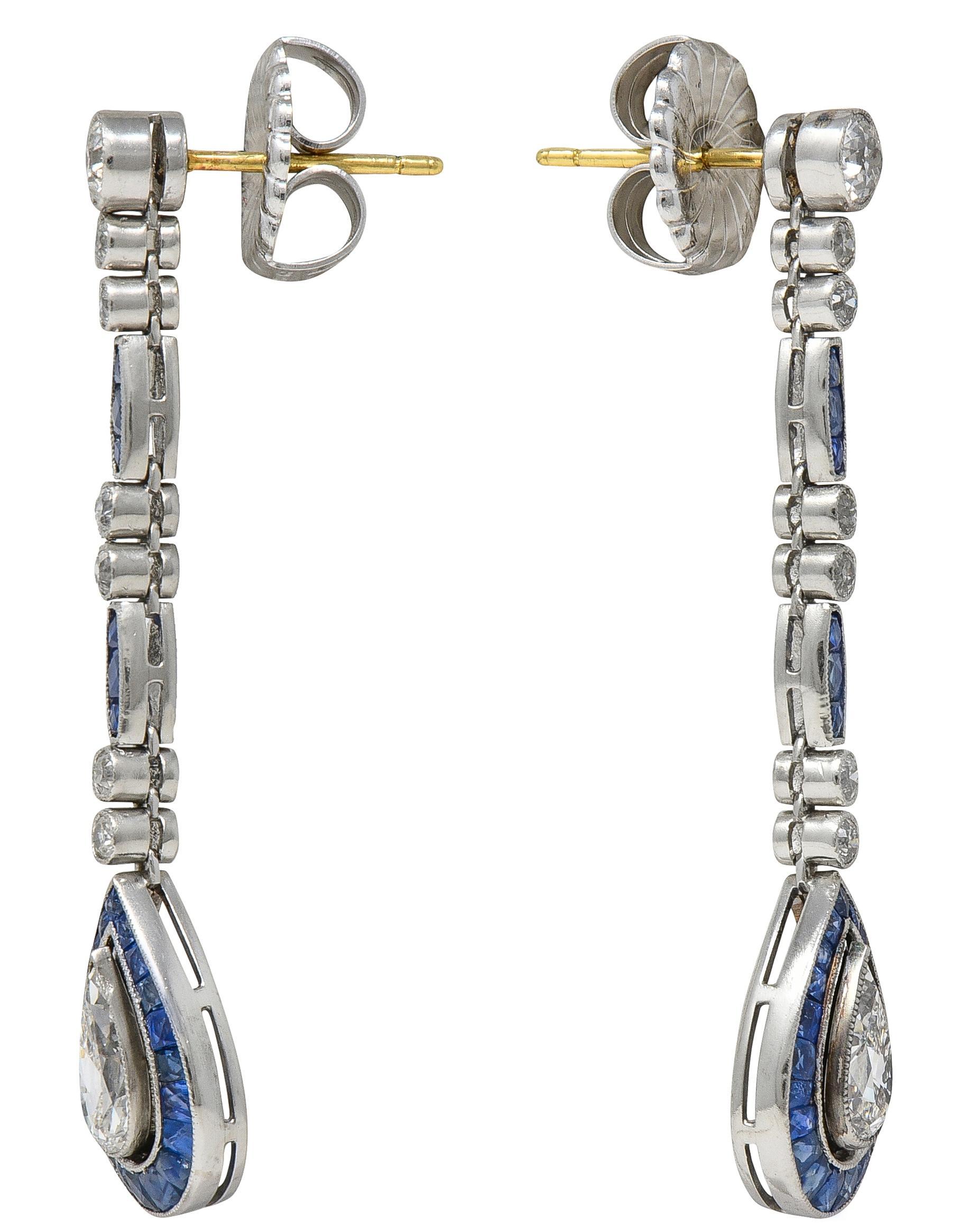 Art Deco 4.20 CTW Saphir Diamant Platin Vintage Halo Tropfen Ohrringe (Art déco) im Angebot