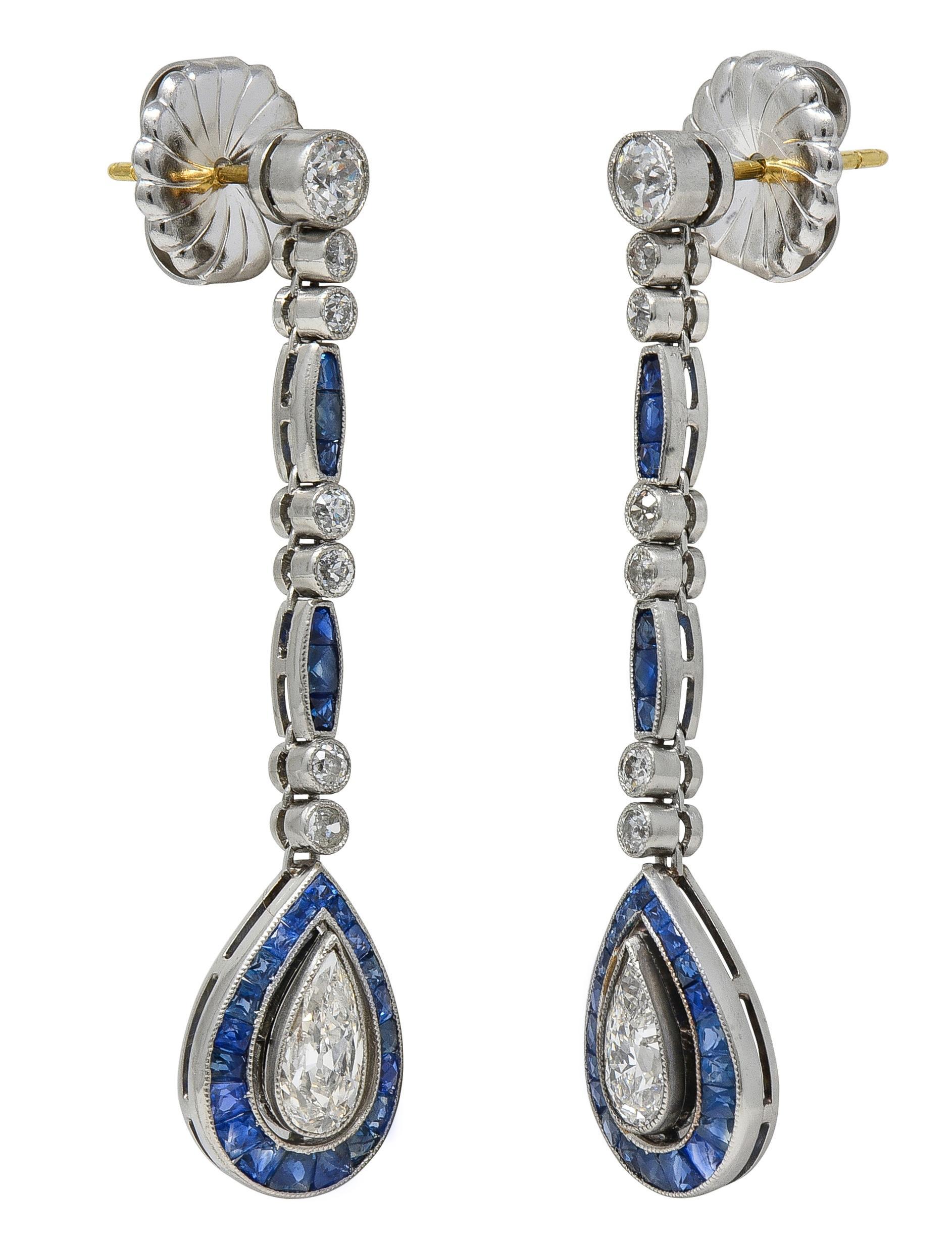 Art Deco 4.20 CTW Saphir Diamant Platin Vintage Halo Tropfen Ohrringe im Zustand „Hervorragend“ im Angebot in Philadelphia, PA
