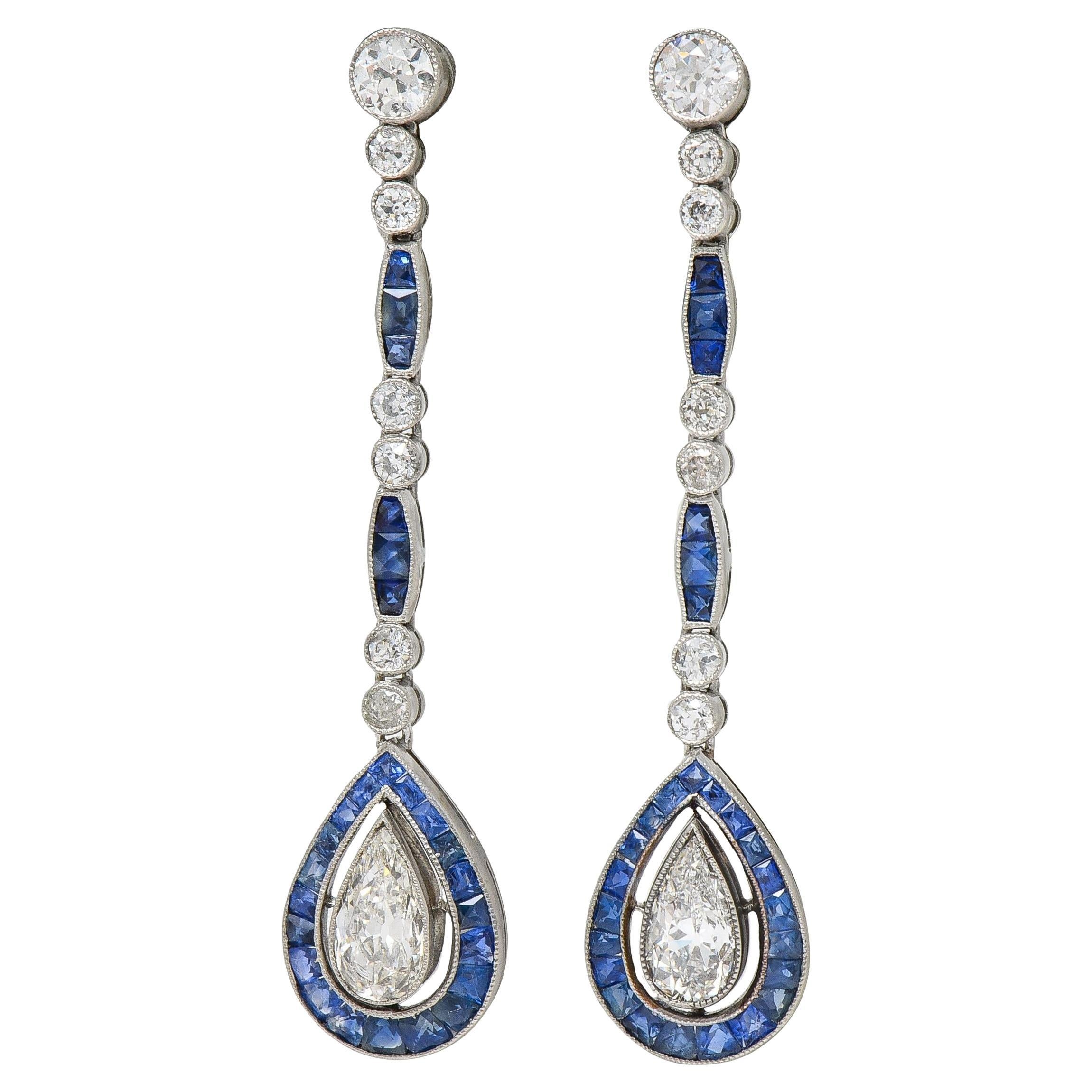 Art Decó 4.20 CTW Zafiro Diamante Platino Vintage Halo Pendientes de gota