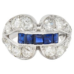 Art Deco 4.20 Step Cut Sapphire Old European Cut Diamond Platinum Buckle Ring
