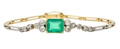 Art Deco 4.22 Carats Emerald Diamond Platinum-Topped 18 Karat Gold Bracelet