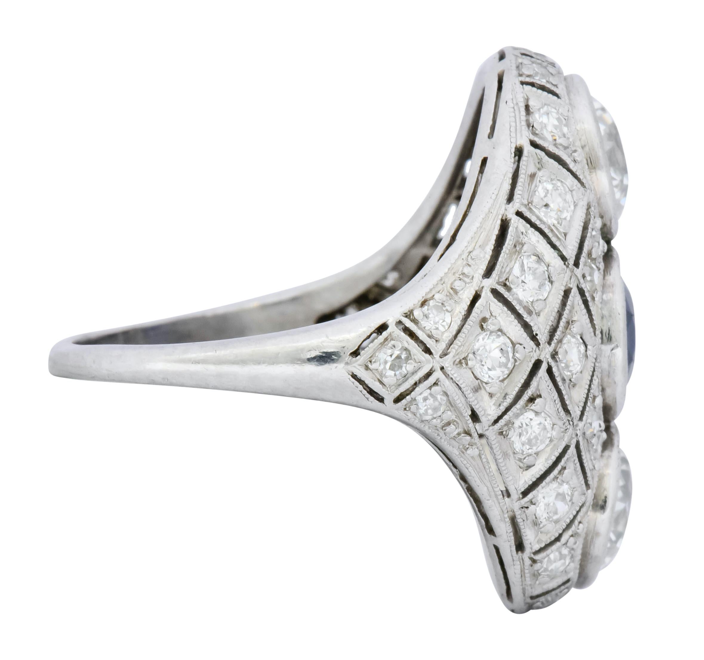 Cushion Cut Art Deco 4.22 Carat Sapphire Diamond Platinum Three-Stone Dinner Ring