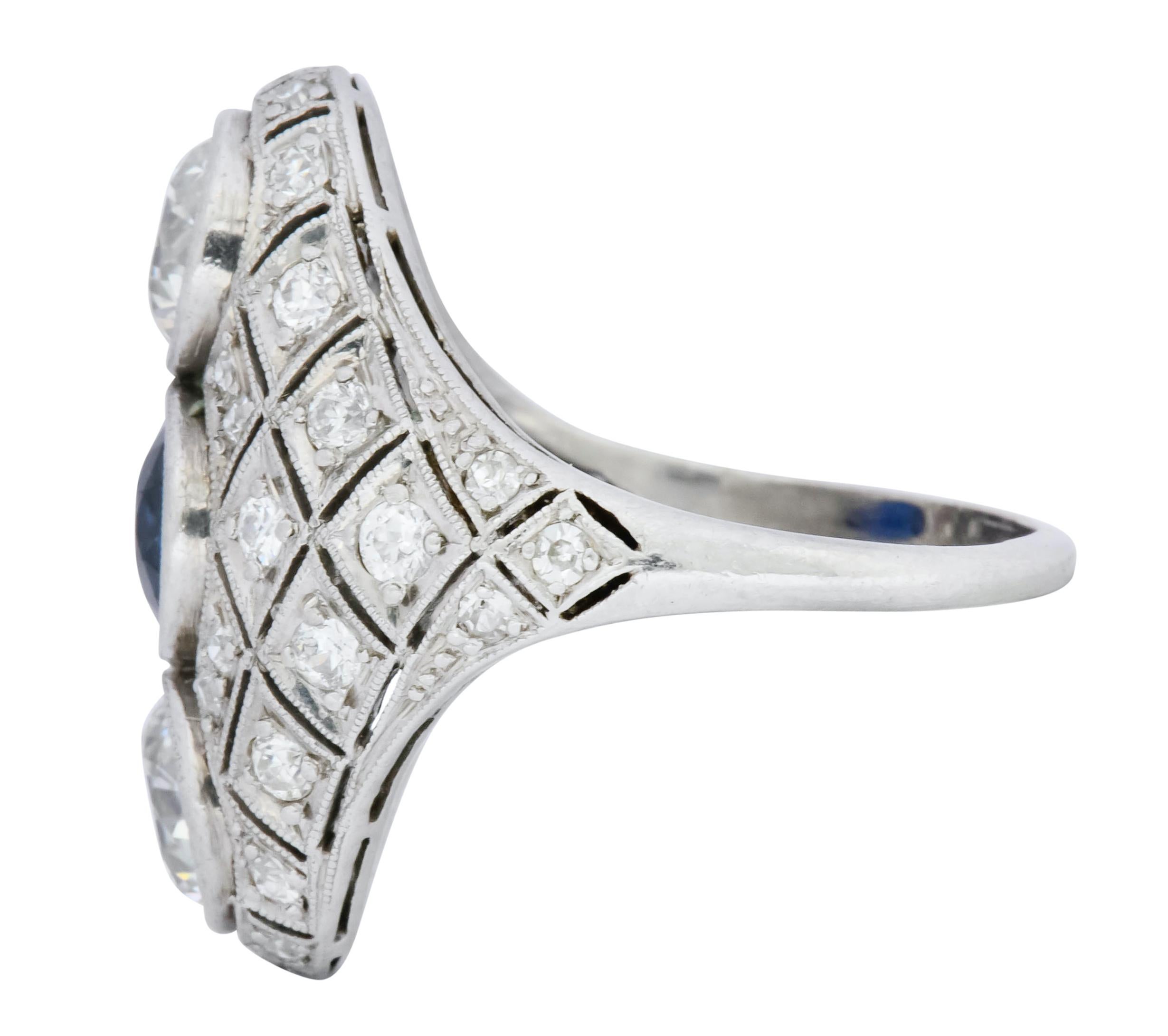 Art Deco 4.22 Carat Sapphire Diamond Platinum Three-Stone Dinner Ring In Excellent Condition In Philadelphia, PA