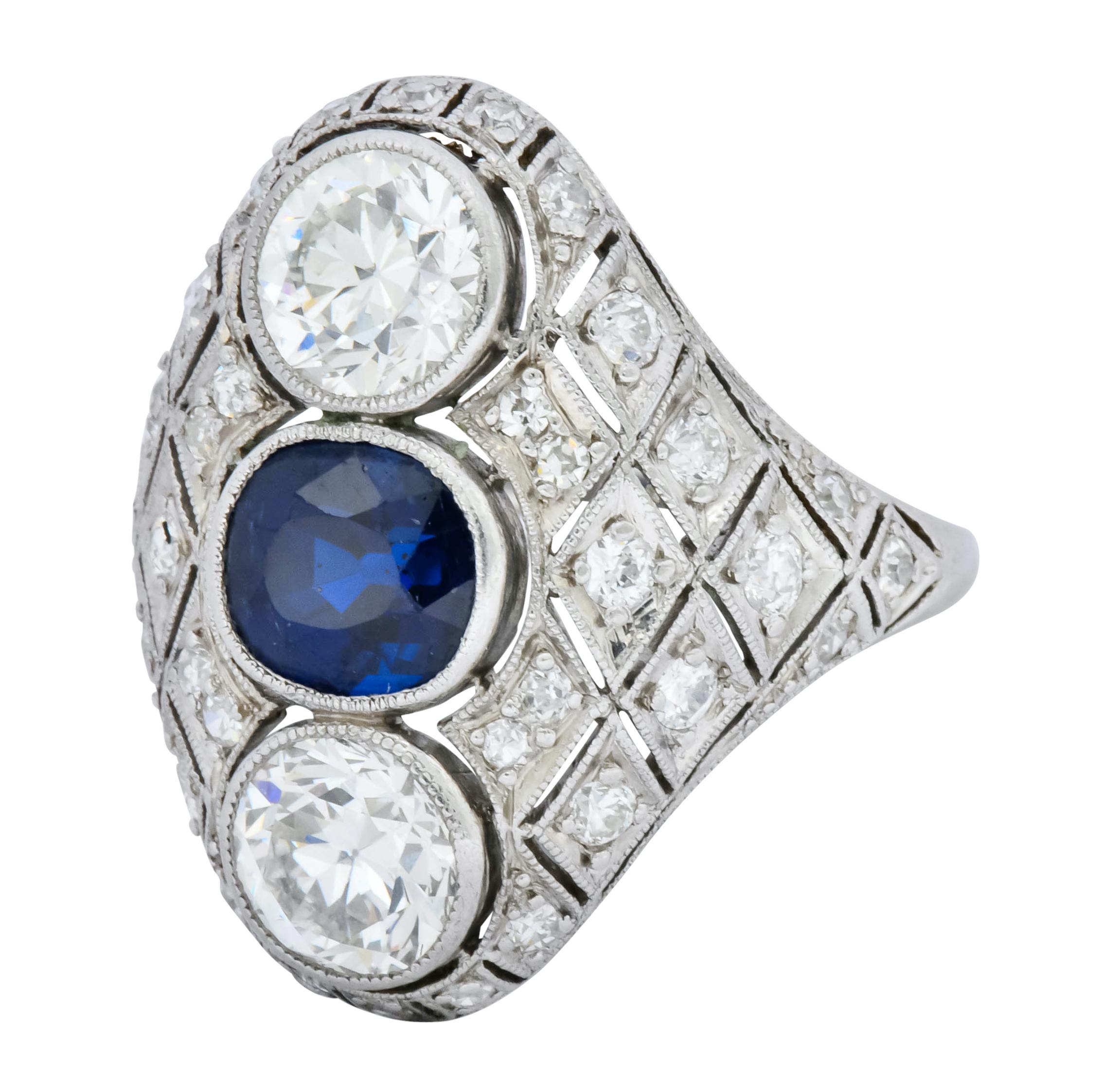 Women's or Men's Art Deco 4.22 Carat Sapphire Diamond Platinum Three-Stone Dinner Ring
