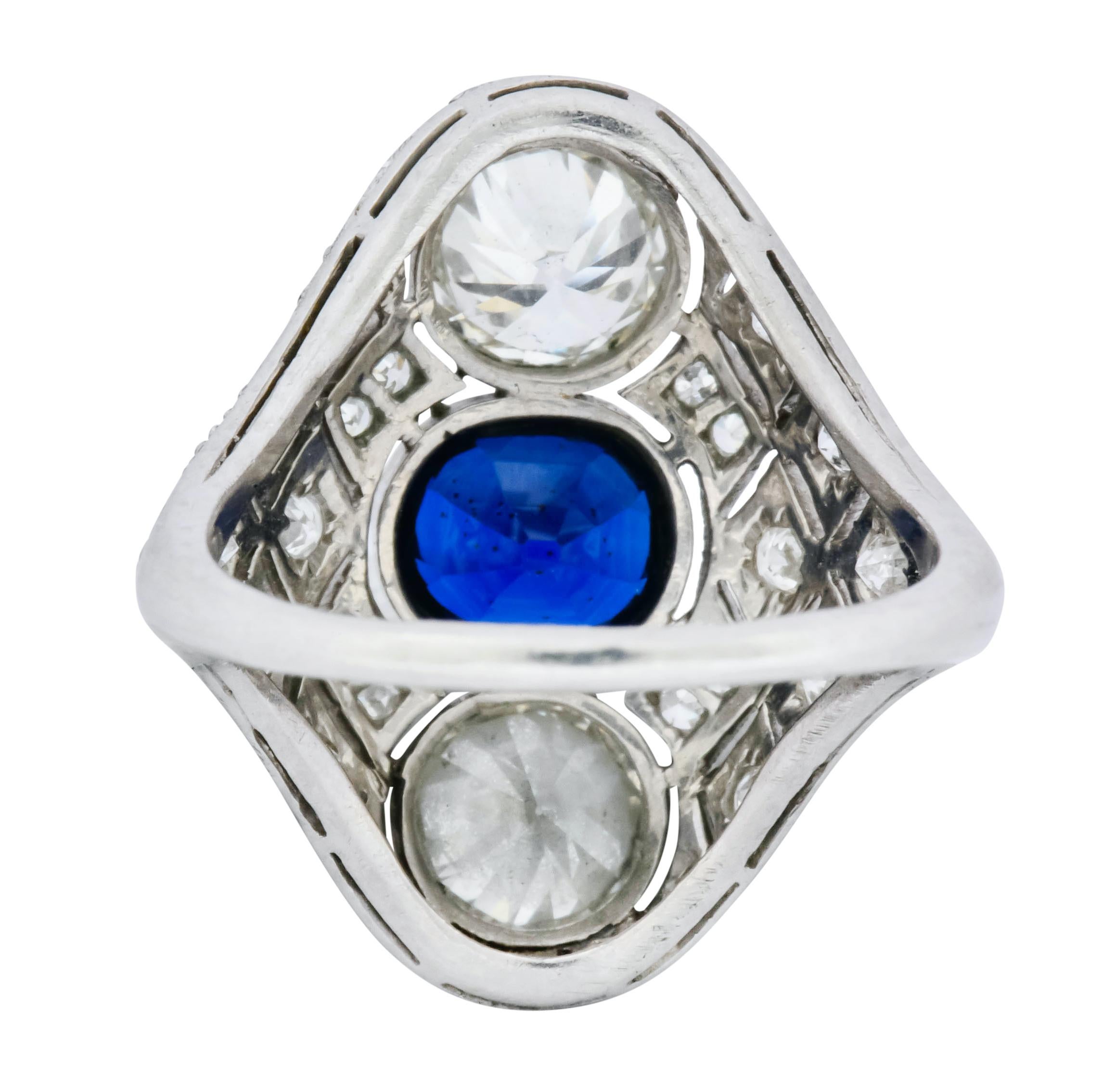 Art Deco 4.22 Carat Sapphire Diamond Platinum Three-Stone Dinner Ring 1