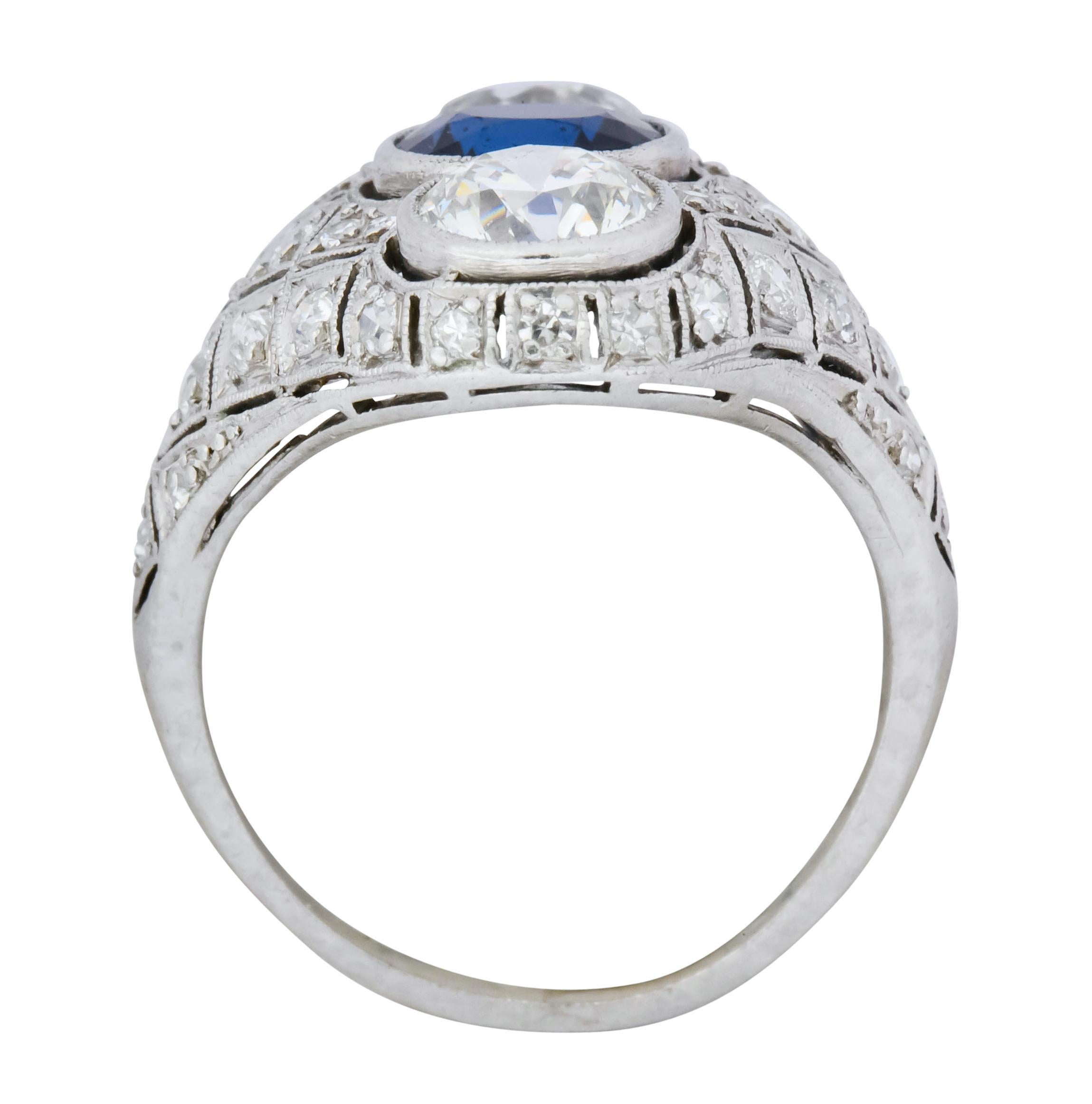Art Deco 4.22 Carat Sapphire Diamond Platinum Three-Stone Dinner Ring 2