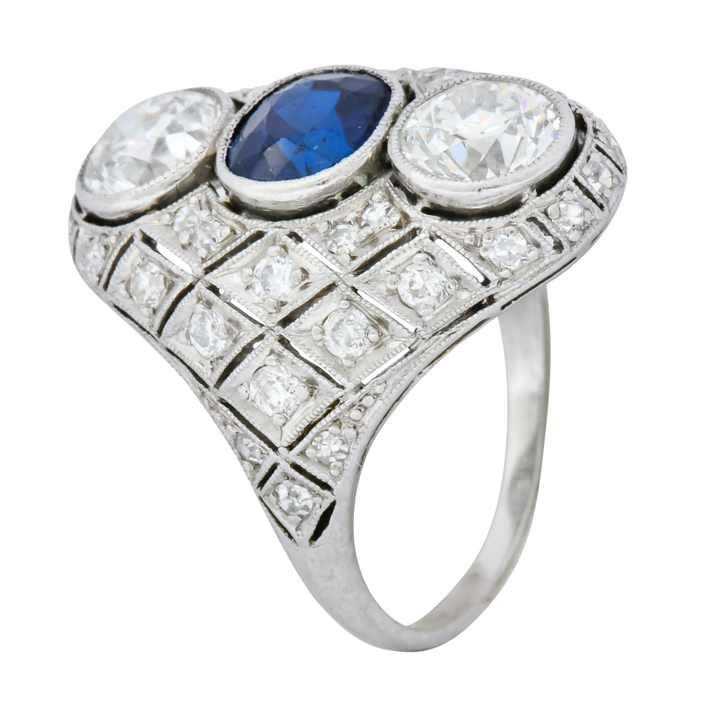 Art Deco 4.22 Carat Sapphire Diamond Platinum Three-Stone Dinner Ring 3