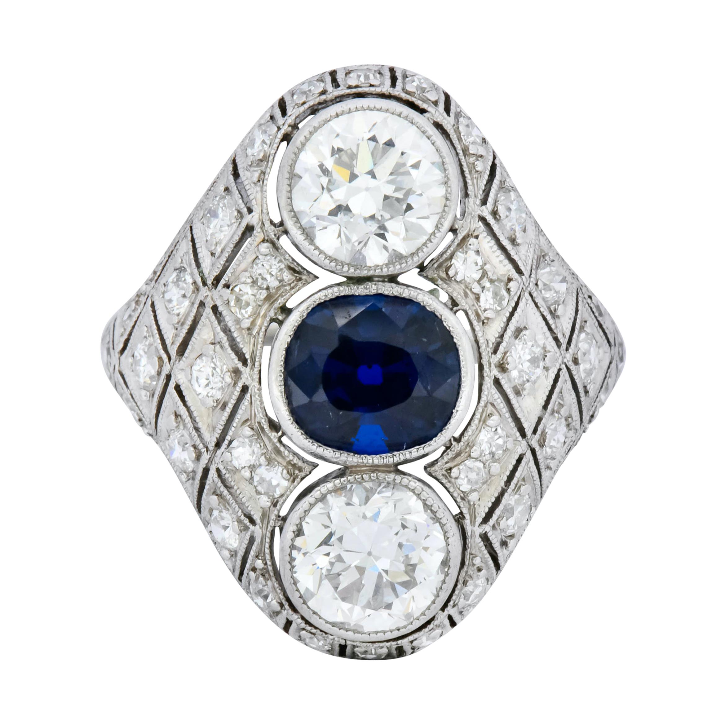 Art Deco 4.22 Carat Sapphire Diamond Platinum Three-Stone Dinner Ring