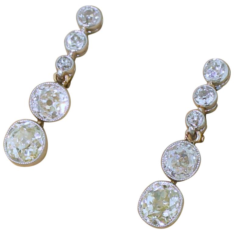 Art Deco 4.24 Carat Old Cut Diamond Drop Earrings