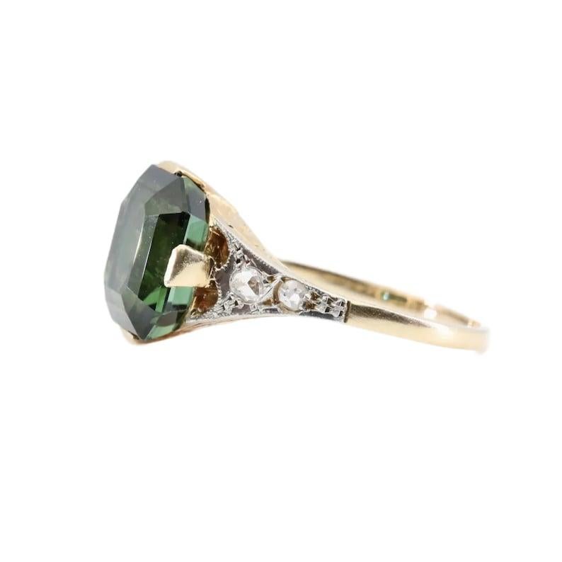 Art Deco 4.26ctw Tourmaline & Rose Cut Diamond Ring in 18K Gold, Platinum In Good Condition For Sale In Boston, MA