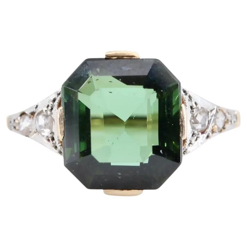 Art Deco 4.26ctw Tourmaline & Rose Cut Diamond Ring in 18K Gold, Platinum For Sale