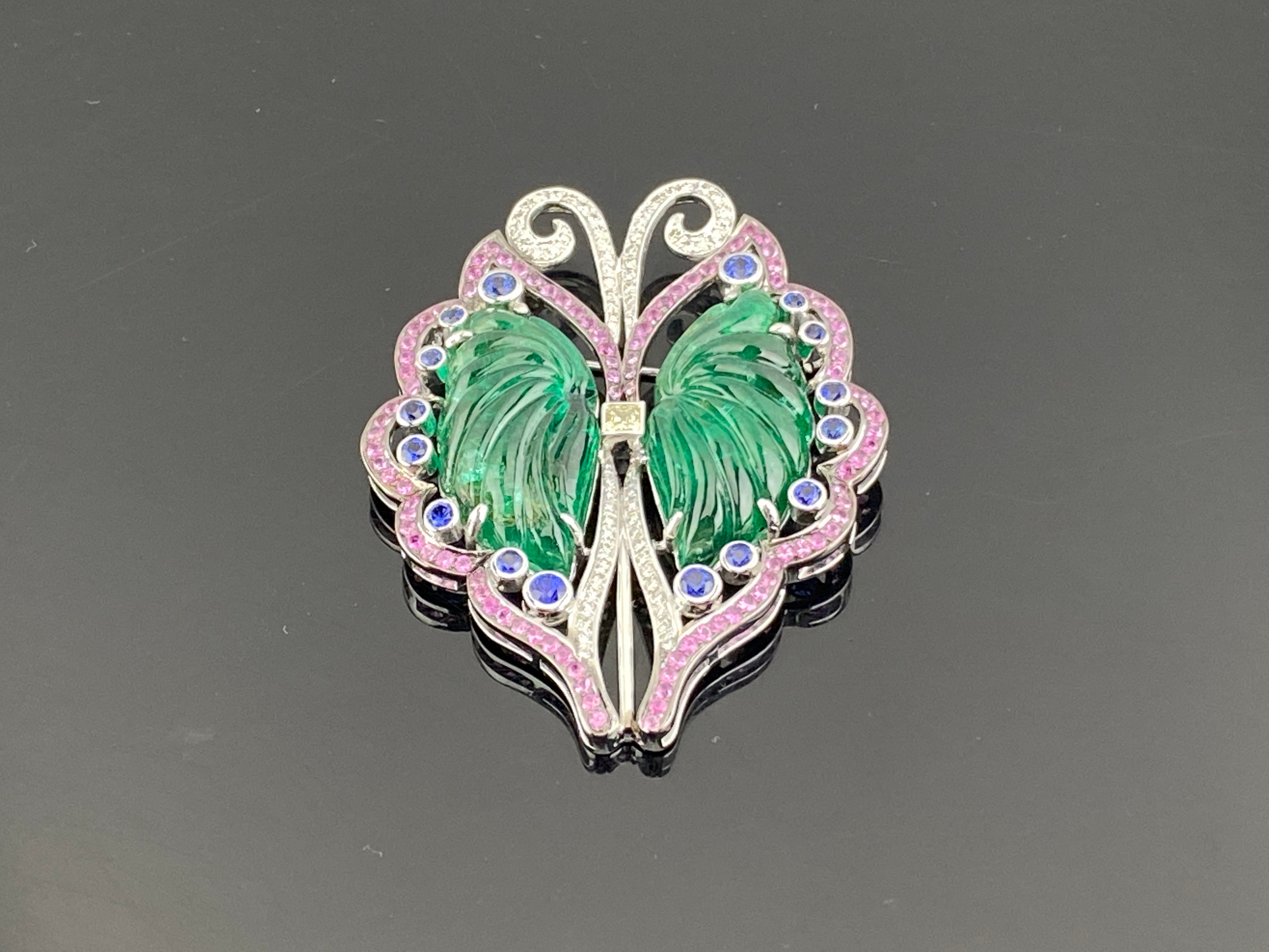 Cabochon Art-Deco 42.77 Carat Carved Emerald, Coloured Sapphire and Diamond Brooch For Sale