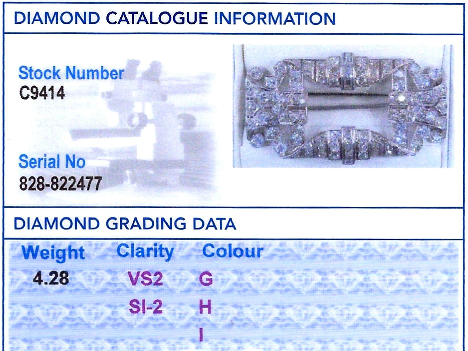Art Decó Broche de diamantes y platino de 4,28 ct - Antiguo Circa 1930 en venta 5