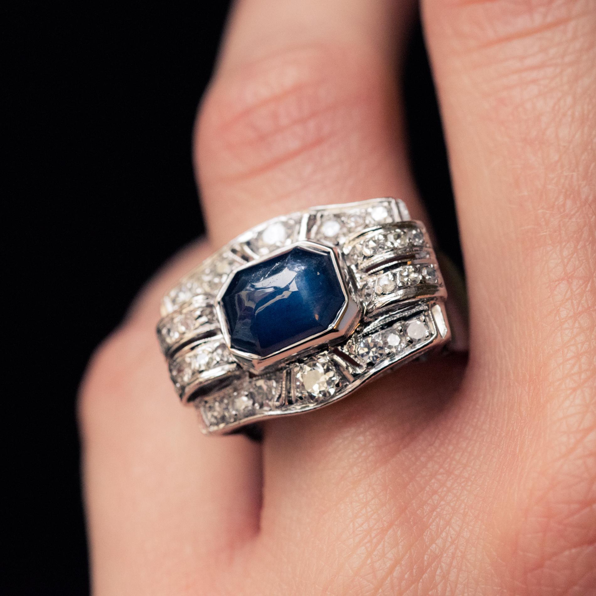 Art Deco 4.30 Carat Cabochon Sapphire Diamonds Platinum Ring 9