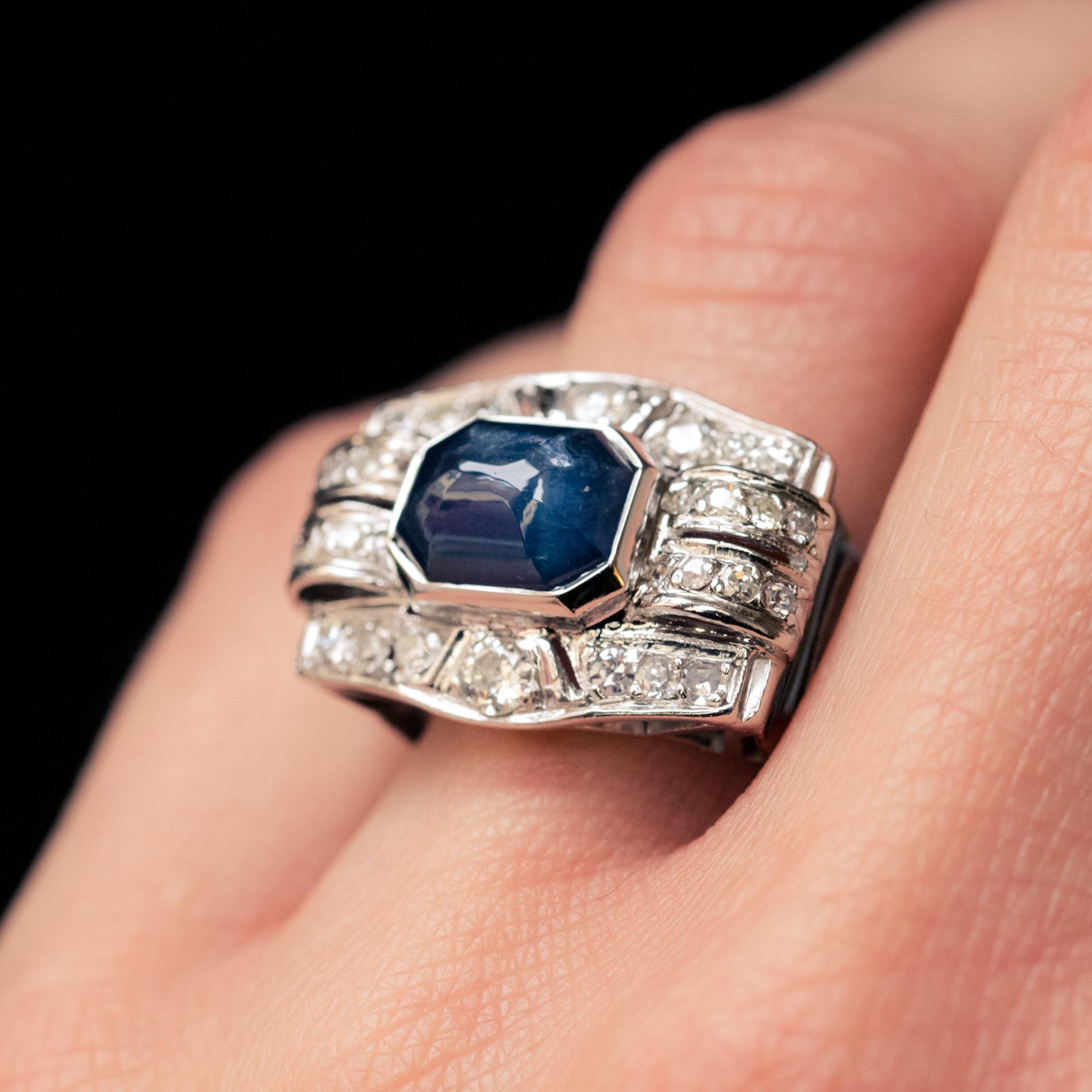 Art Deco 4.30 Carat Cabochon Sapphire Diamonds Platinum Ring 1