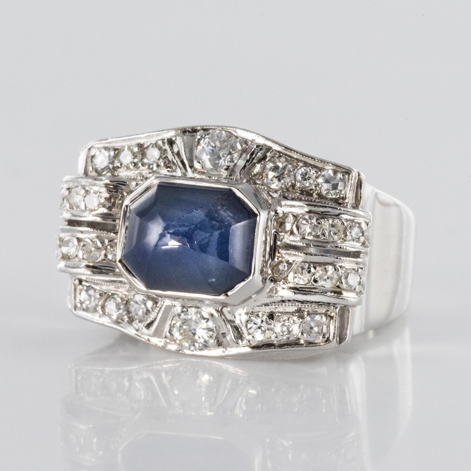 Art Deco 4.30 Carat Cabochon Sapphire Diamonds Platinum Ring 2