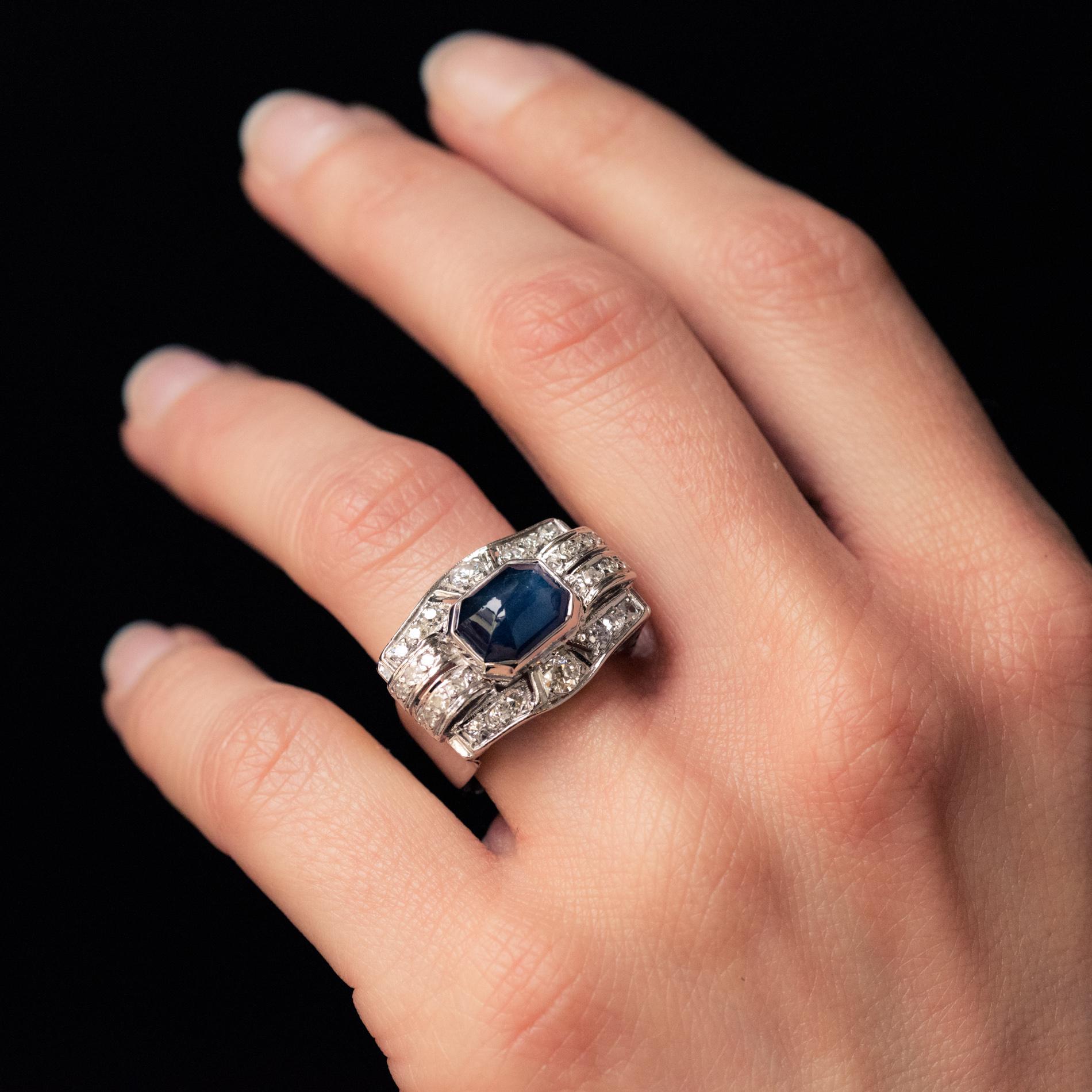 Art Deco 4.30 Carat Cabochon Sapphire Diamonds Platinum Ring 4