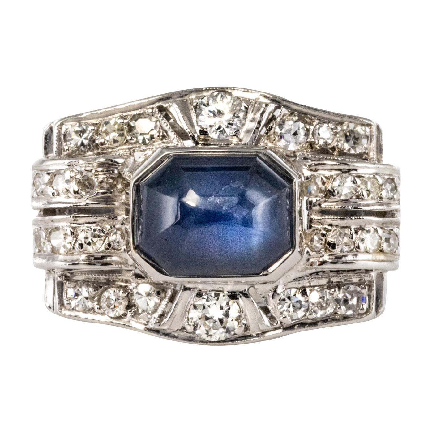 Art Deco 4.30 Carat Cabochon Sapphire Diamonds Platinum Ring
