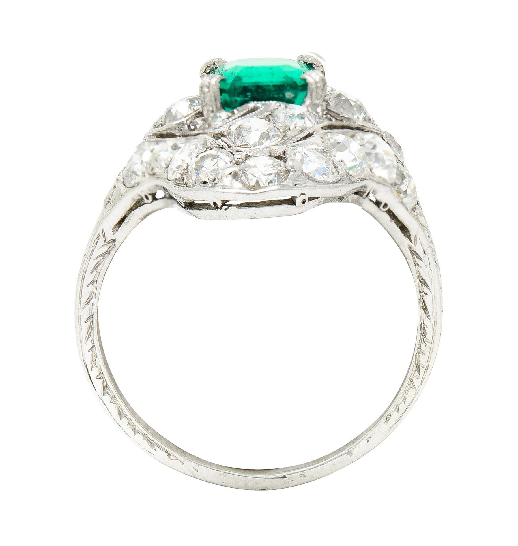 Art Deco 4.31 Ctw Emerald Old European Cut Diamond Platinum Navette Dinner Ring For Sale 6