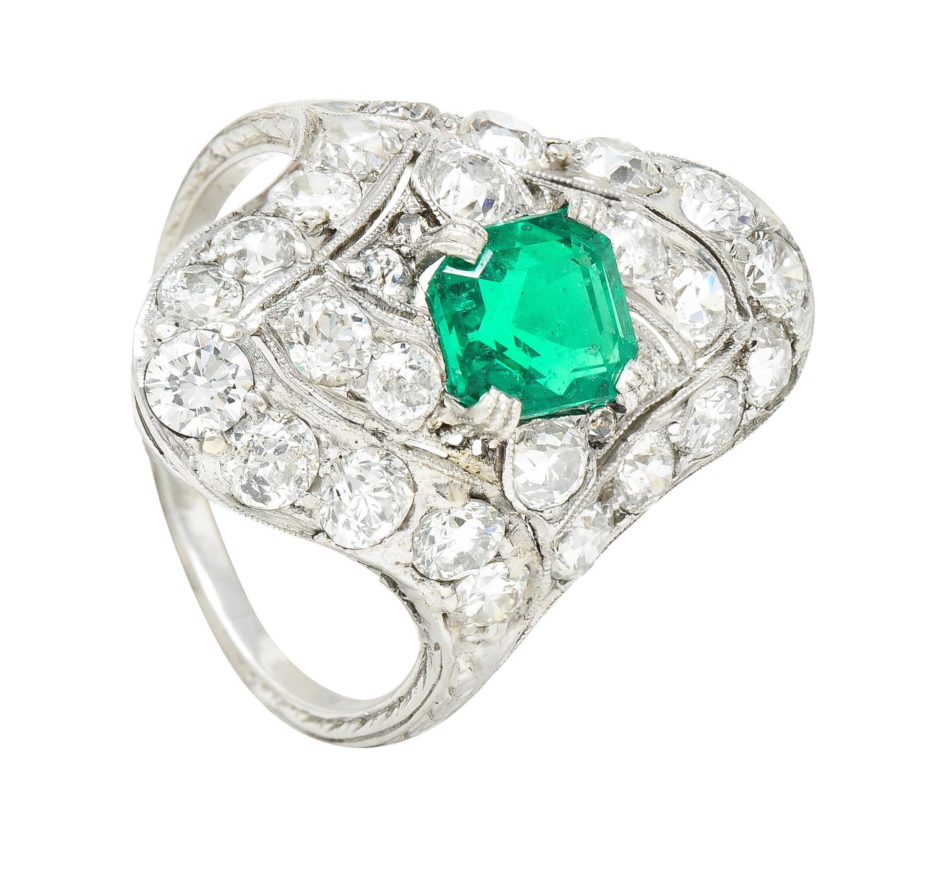 Art Deco 4.31 Ctw Emerald Old European Cut Diamond Platinum Navette Dinner Ring For Sale 7